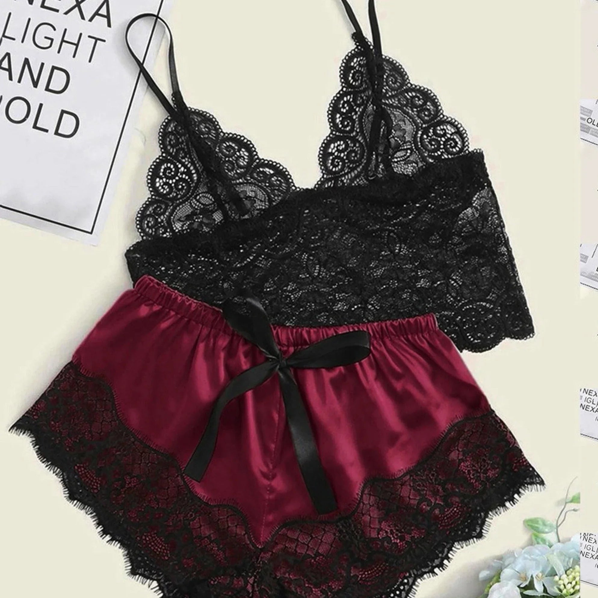 Pajama Sets Sexy Pajamas for Women 2 Pieces Top Shorts Set Sleepwear Clothes Lace Pajamas Underwear Lingerie - Smarsty