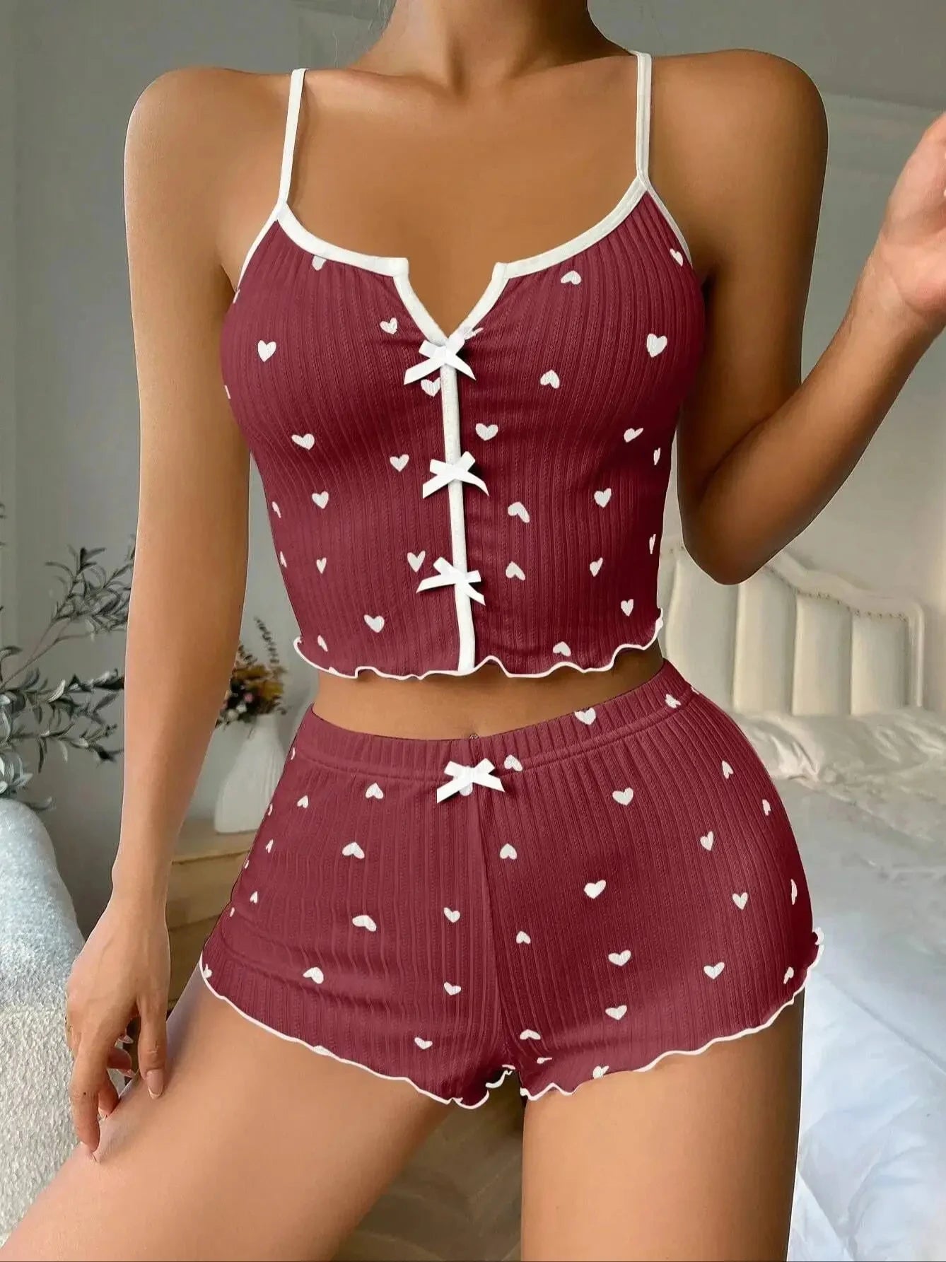 Sexy Sleepwear Women Pajamas Set Heart Print Silk Stain V-Neck Sleeveless Casual Cami Top and Shorts Sets Home Suit Loungewear - Smarsty