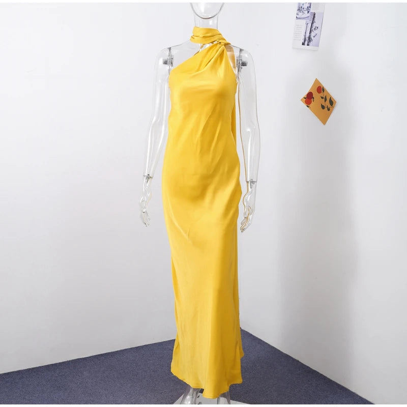 Elegant Solid Ribbon Women Halter Dress Off Shoulder Sleeveless Backless Slim Female Maxi Dresses 2025 Summer New Chic Lady Robe - Smarsty