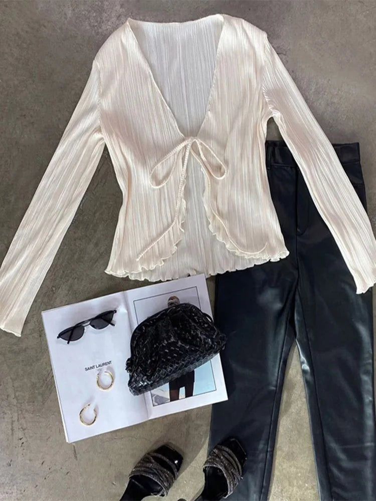 2024 Women Pleated Plain Shirts Spring Fall Chic Long Flare Sleeve V- Neck Tie Up Cardigans Tops for Casual Party Street - Smarsty