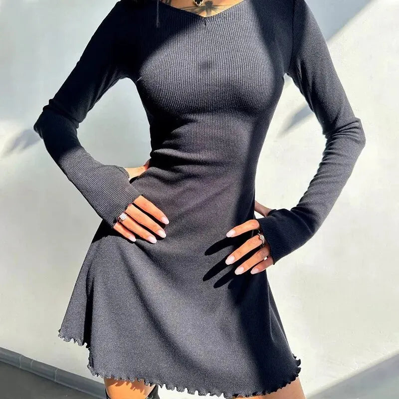 Dulzura Women 2024 Spring Autumn Fashion Long Sleeve Knitted Streetwear Bodycon Short Mini Dress Wholesale Items For Business - Smarsty