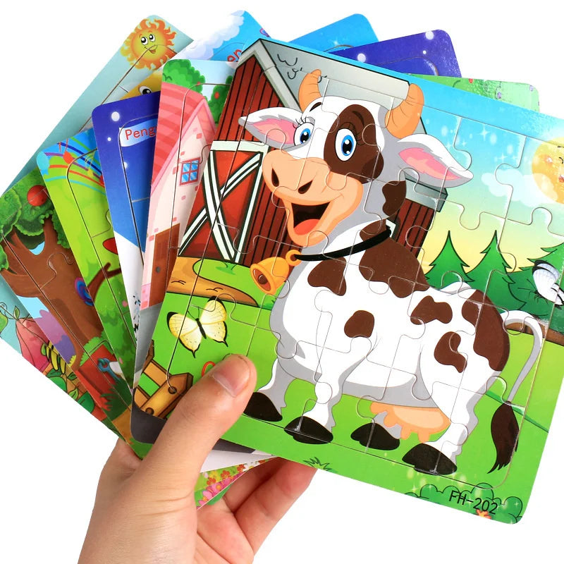 New 20 Piece Wooden 3d Puzzle Cartoon Animal Vehicle Jigsaw Puzzle Montessori Educational Toys For Kids Baby 1 2 3 Years by Smarsty