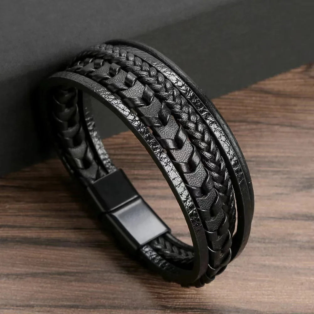 Men's Leather Braided Bracelet with Magnetic Buckle - Smarsty