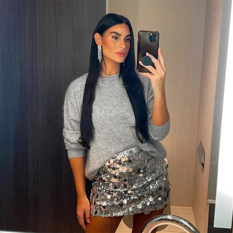 Silver Sequin Skirt Woman High Waist Mini Skirt Woman Fashion Shiny Glitter Elegant Short Skirts For Women Y2k Skirts - Smarsty