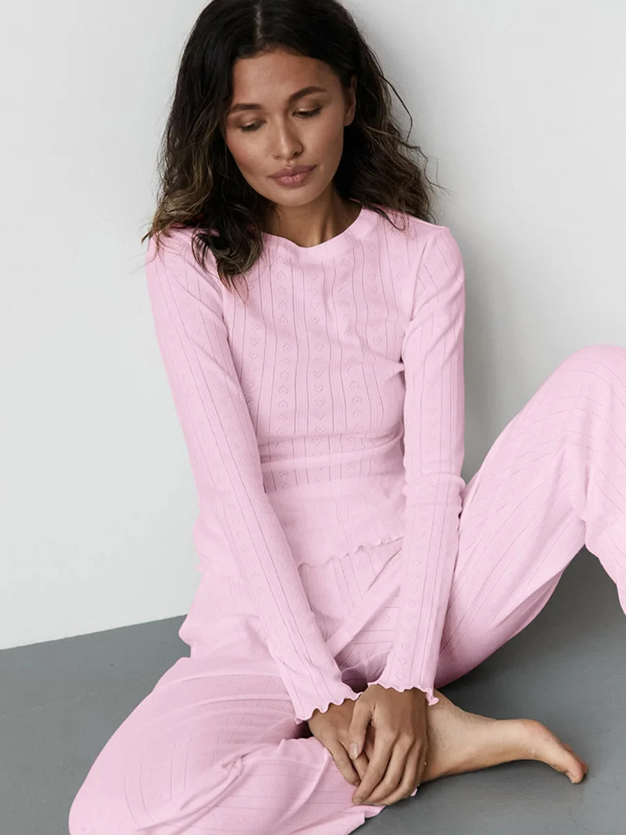 Mozuleva Love Jacquard Long Sleeved Pajamas Set Women's Spring Knitted Cardigan Pants Pajamas Comfortable Women Home Clothes - Smarsty