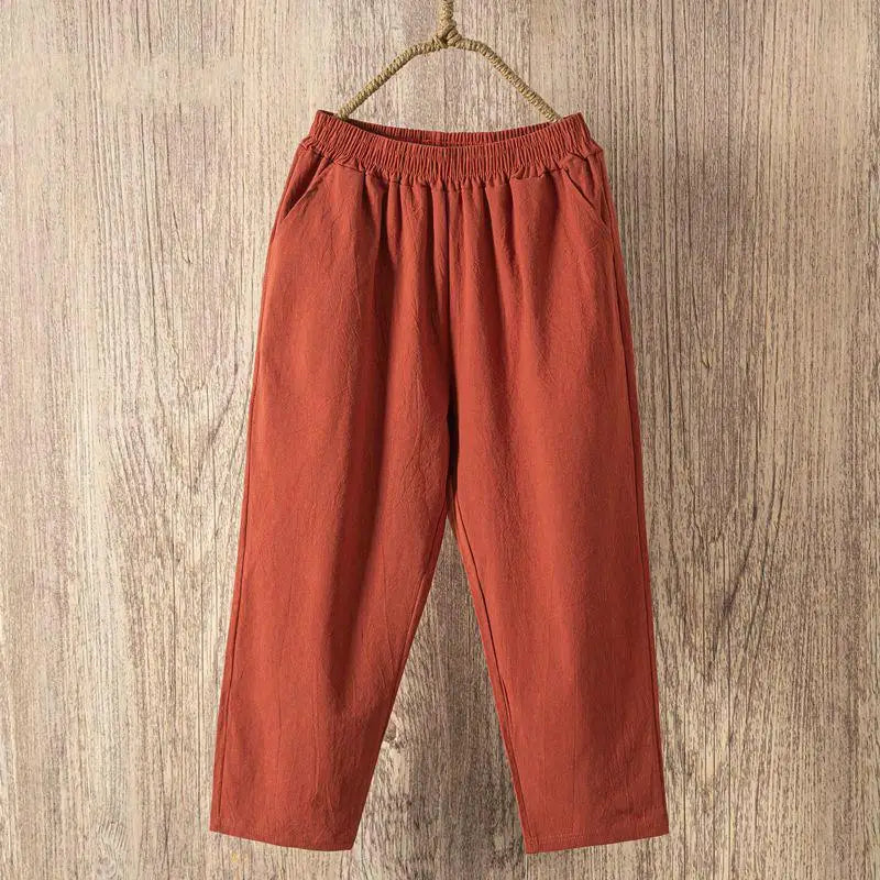 Women Summer Casual Loose Harem Elastic Waist Cotton Linen Pants Ninth Trousers - Smarsty