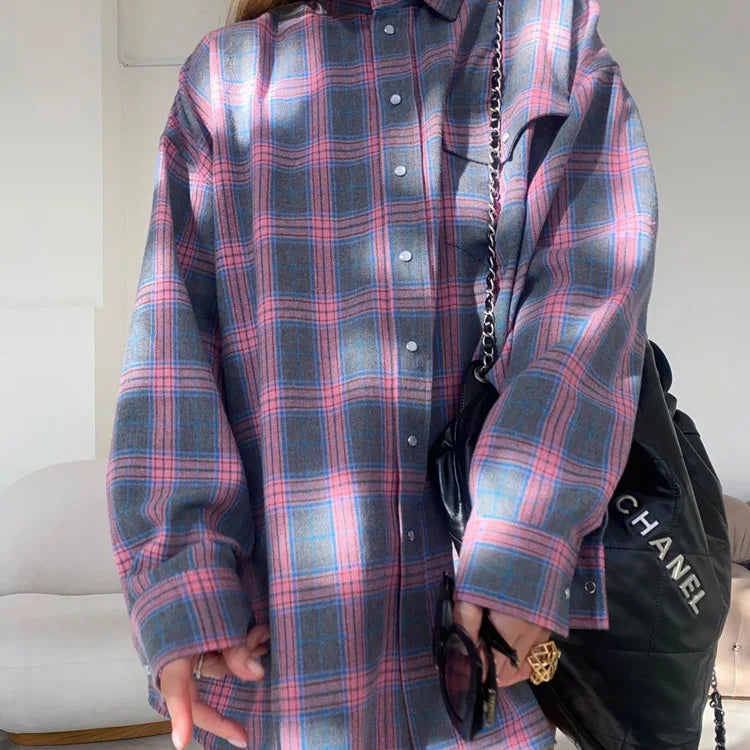 Oversized Plaid Shirt Autumn Winter Women Vintage Long Sleeve Fashion Loose Lapel Pocket Shirt Fit Blouse Korean Style - Smarsty