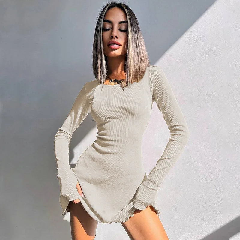 Dulzura Women 2024 Spring Autumn Fashion Long Sleeve Knitted Streetwear Bodycon Short Mini Dress Wholesale Items For Business - Smarsty