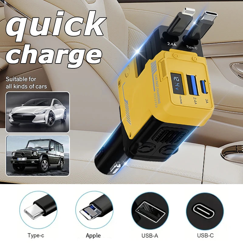 The new 120w4-in-1 retractable car fast charger, adapter, USB is suitable for all models of Apple, Samsung, Huawei, and Android