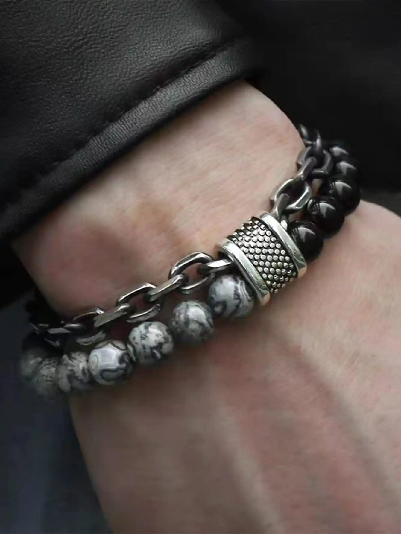 Punk Black Beaded Chain Bracelet for Men - Smarsty