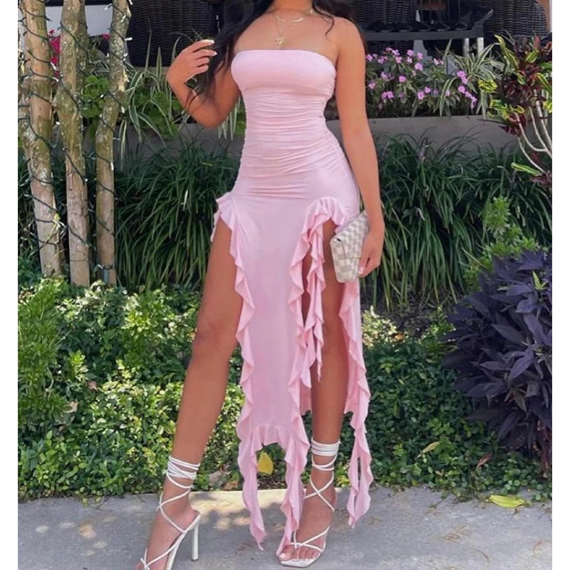 Women Strapless Sexy Floral Fold Hemline High Slit Mini Dress 2024 Solid Backless Sleeveless Black And Pink Party Dress Vestidos - Smarsty