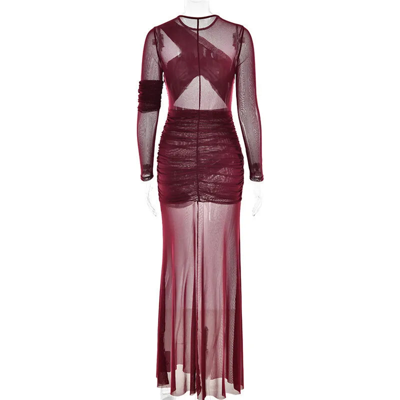 Mozision Mesh Ruched Sexy Maxi Dress For Women Fashion Zipper Patchwork See Through Long Sleeve Elegant Club Party Long Dress - Smarsty