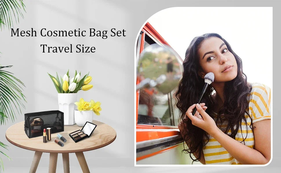 1PC Travel Black Mesh Cosmetic Bag Zipper Makeup Bag For Women Wash Toiletry Bag Makeup Organizer Portable Storage Pouch - Smarsty