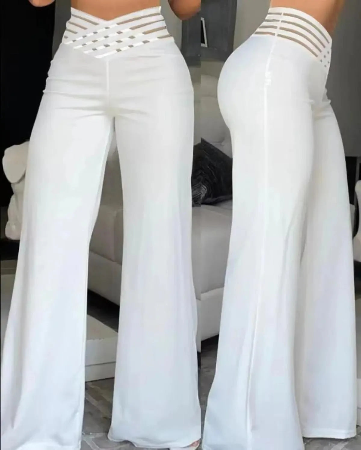 Women Wide Leg Flared Pants Autumn Casual Crisscross Sheer Mesh Patch High Waist Trousers Y2k Streetwear Elegant Work Pant - Smarsty