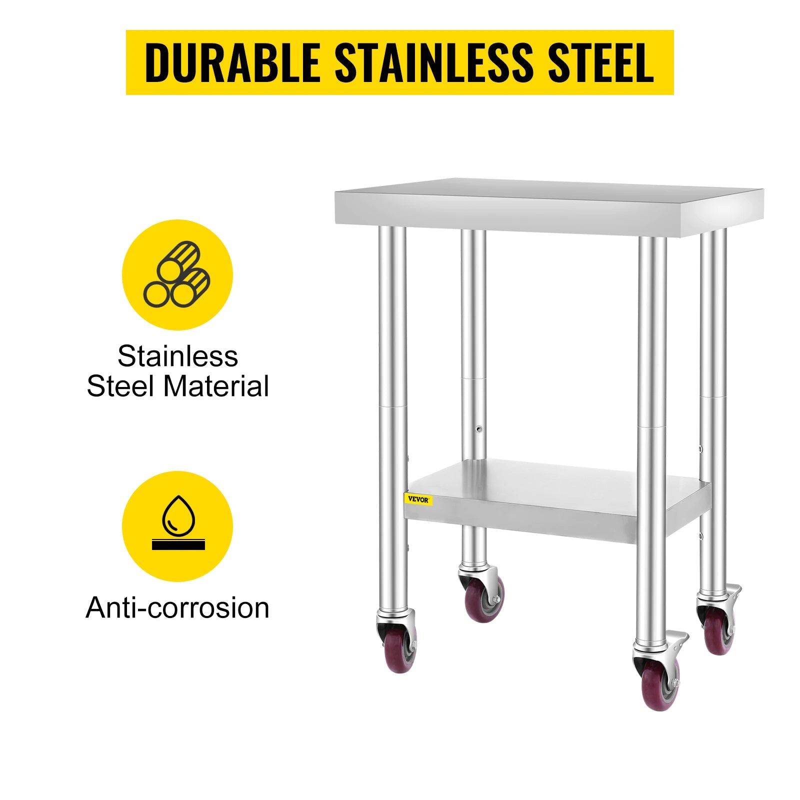 SucceBuy Stainless Steel Kitchen Worktable shelves Commercial Work Bench Table with Caster Wheels for Home Restaurant Storage