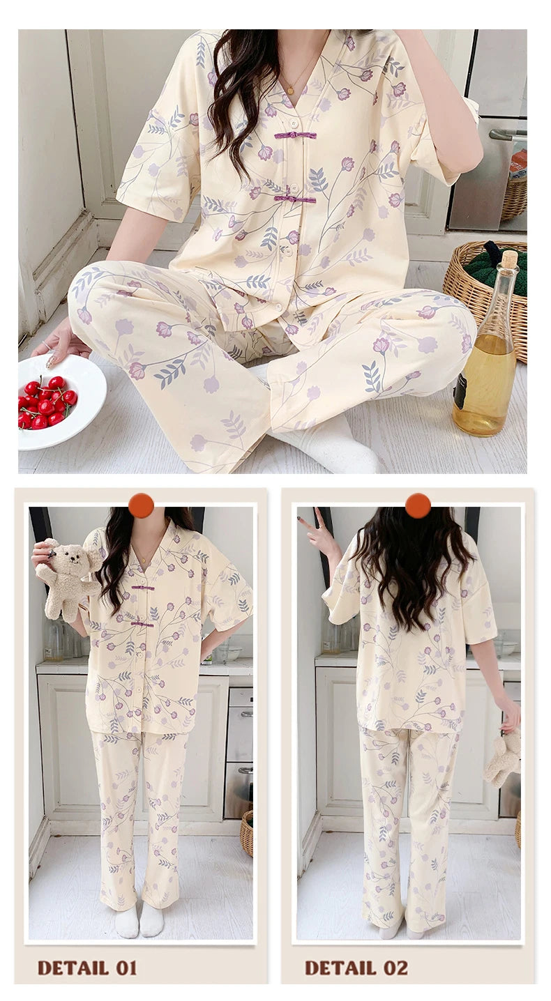Pigma For Women Cotton Pajama Sleepwear Big Size Pajamas Nightwear Summer Women's Short Sleeved Long Pants Cardigan Pajama Set - Smarsty