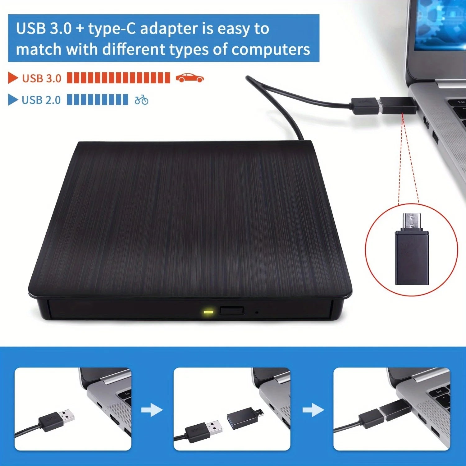 3.0 USB External DVD Drive - Portable CD/DVD +/-RW Burner Reader for Laptop, Windows, Linux - Perfect Plug and Play