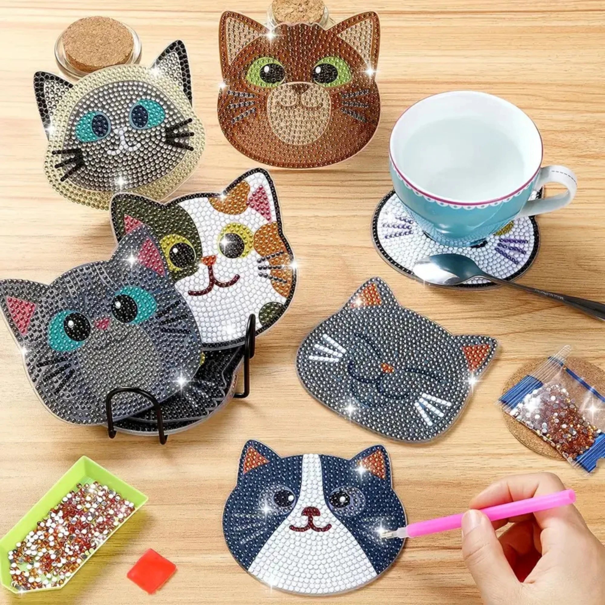Diamond Painting Coasters Set with Cartoon Cat Design - Smarsty