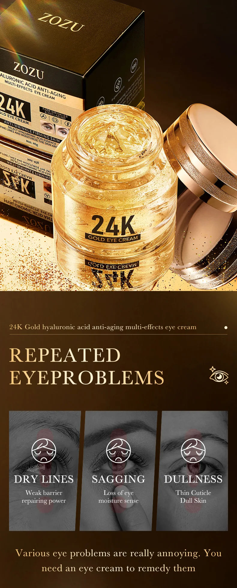 24k Gold Hyaluronic Acid Eye Cream for Dark Circles and Puffiness - Smarsty