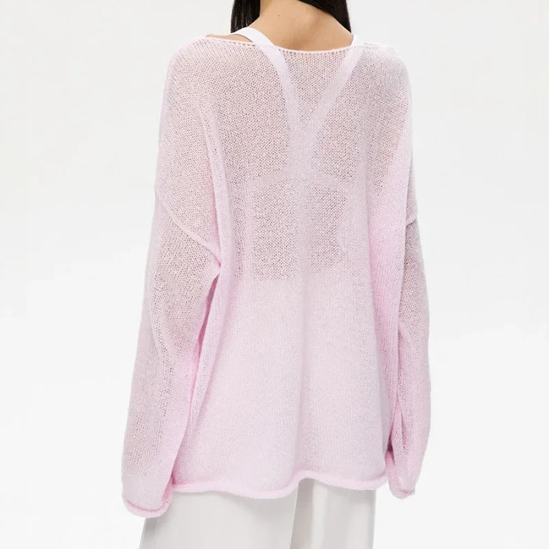 Elegant Sweater Women 2024 Summer Autumn Casual Fashion Loose Women Pullovers Chic Pink White Jumper Sueter Mujer - Smarsty