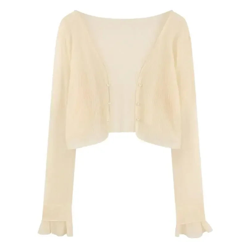 2025 Fairy Style Solid Cardigan Women Summer New Long Sleeve Sunscreen Sweet Beading V-neck Basics Loose Chiffon Cardigan - Smarsty