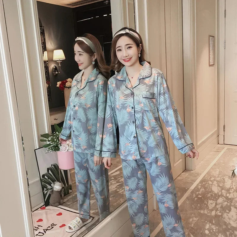 Women's Pajamas Set V-Neck Button down Top and Trousers Sleepwear Homewear Casual Nightwear Loungewear Autumn Winter Two-Piece - Smarsty