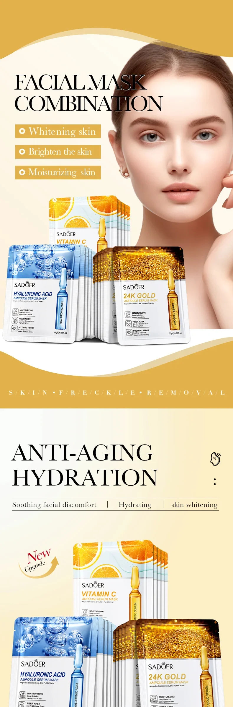 24K Gold Hyaluronic Acid Face Masks for Firming and Moisturizing - Smarsty
