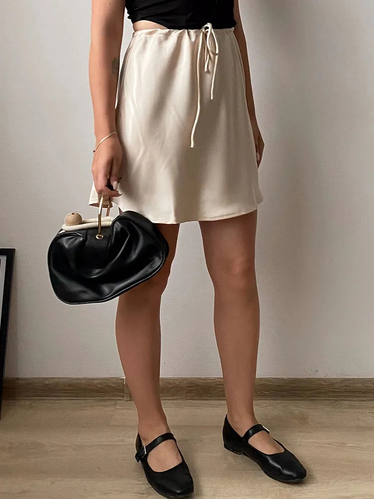 Satin Mini Skirts Women Summer Beige Silk Short Skirt For Woman Drawstring High Waist Black Satin Skirt A Line Women Short 2025 - Smarsty