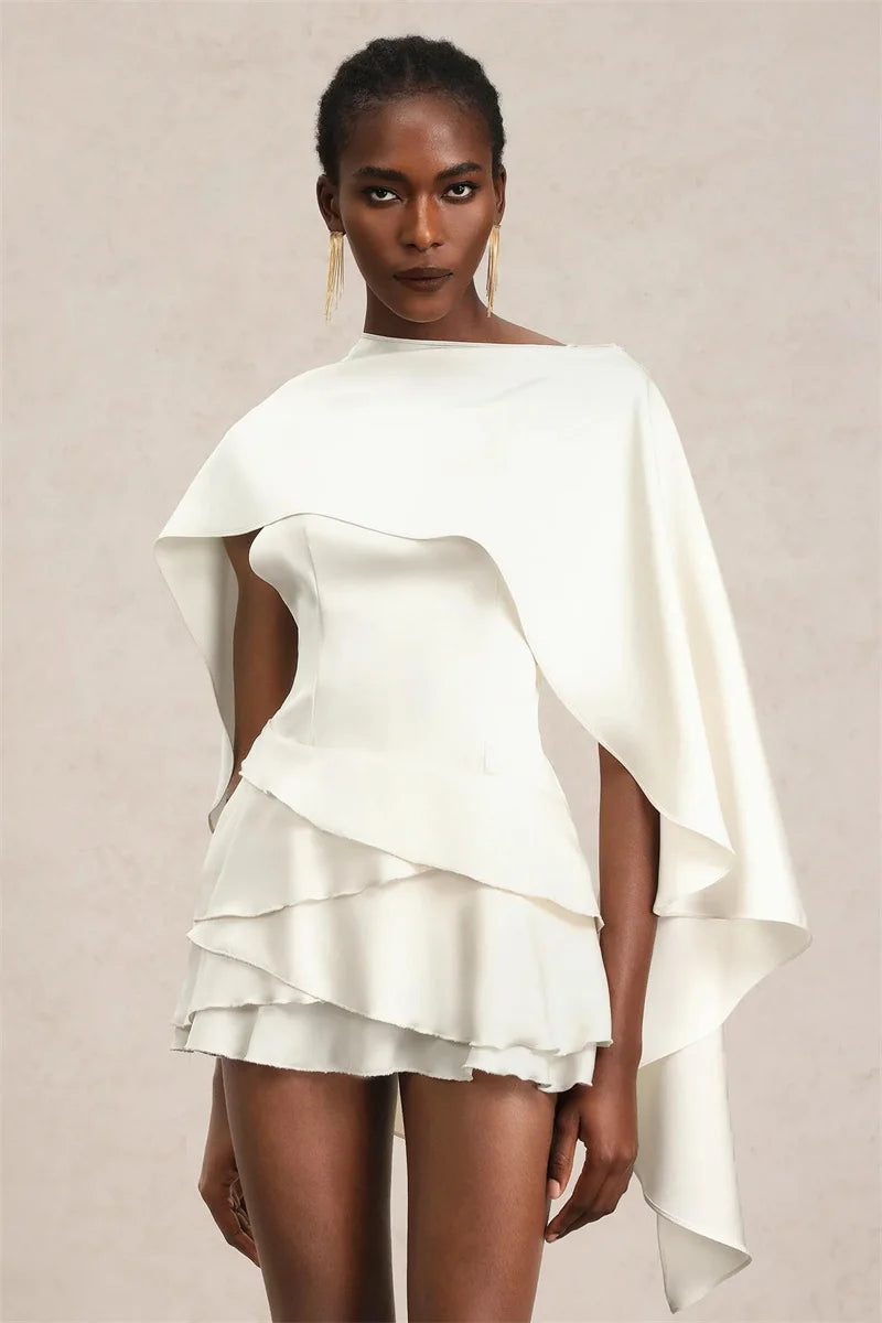 Mozision Shawl Sleeve Ruffle Sexy Mini Dress Women Robe Fashion Solid Lace-up Backless Club Party Dress Female Elegant Dresses