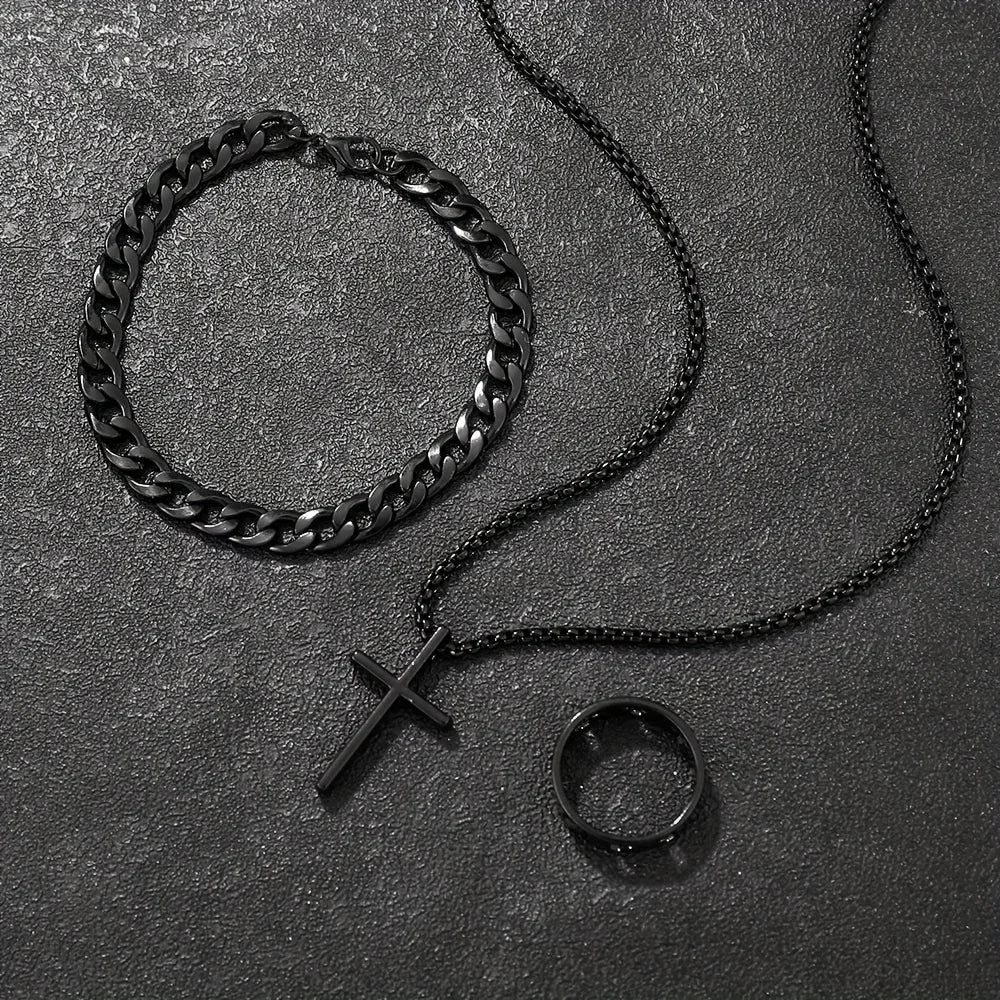 Men's 3 Piece Alloy Jewelry Set with Cross Pendant - Smarsty