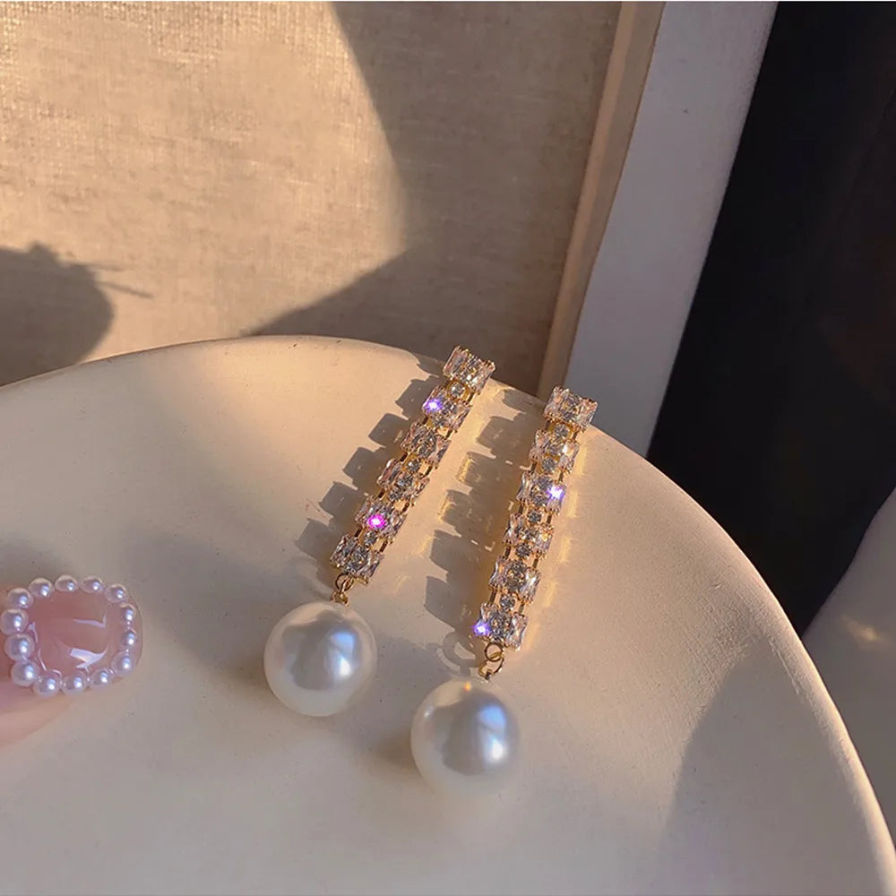Pearl Long Earrings With Rhinestones For Wedding Fashion - Smarsty
