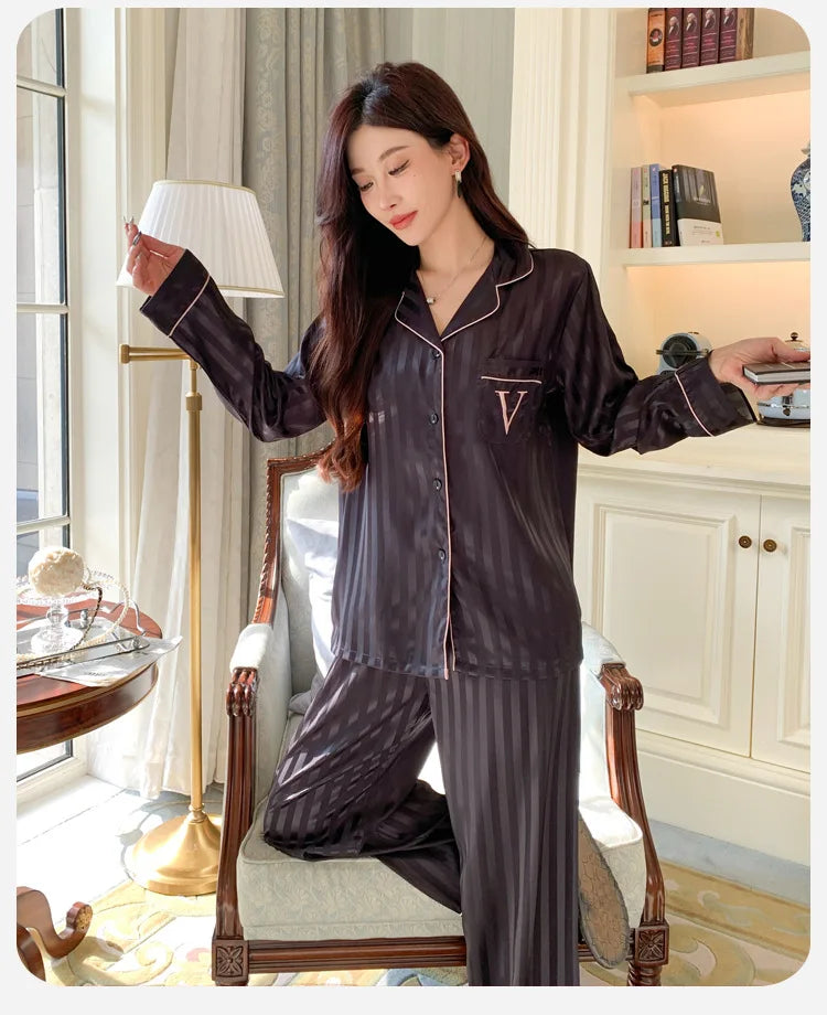 Women's Ice Silk Pajama Set Long Sleeve Long Pants Lightweight Sleepwear for Spring And Autumn Comfortable Homewear Pj Set - Smarsty