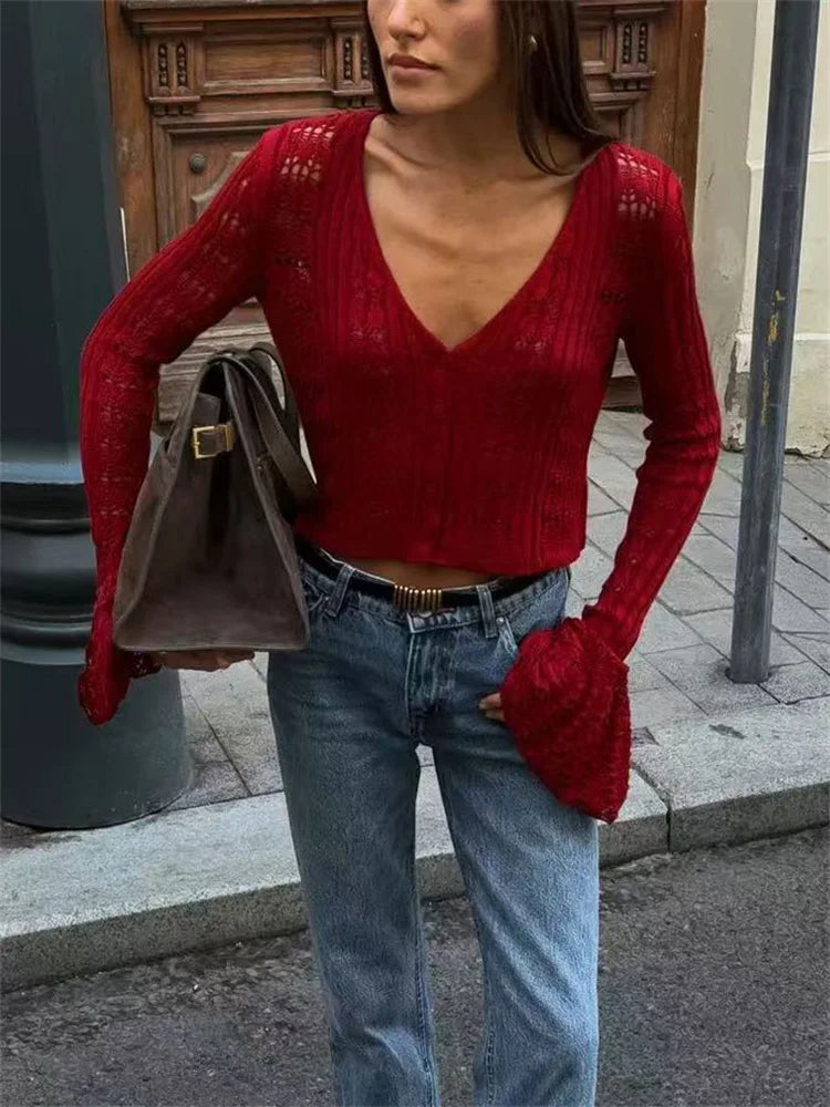 Tossy Knitwear Hollow Out Sweater Cardigan Women V-Neck Long Sleeve See-Through Cropped Top Summer Knit Patchwork Cardigan Top - Smarsty