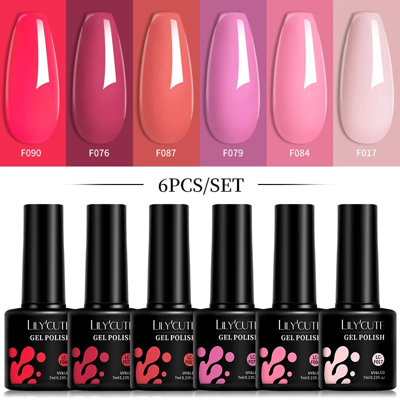 LILYCUTE 6 Pcs Gel Nail Polish Set Bright Pink Varnish - Smarsty