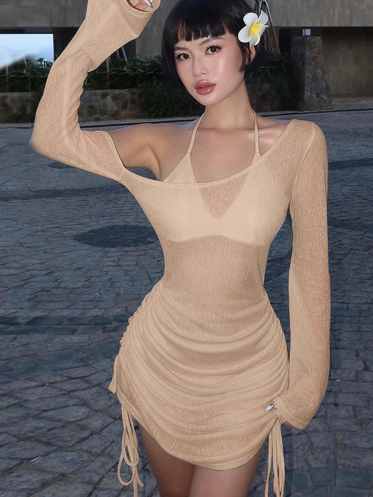 Dulzura Solid Skew Collar Ruched Straps Lace-Up See Through Draw String Mini Dress 2023 Summer Women Party Clubwear Wholesale - Smarsty