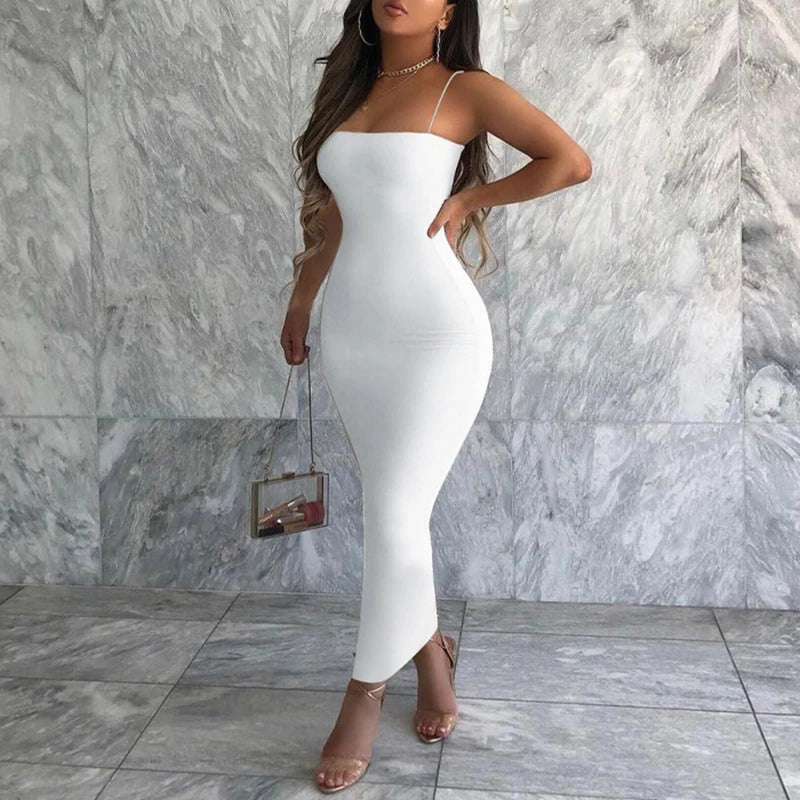 Summer Black Sexy Dress Women Streetwear Sleeveless Backless Solid Spaghetti Strap Bodycon Casual Clubwear Elegant Party Dresses - Smarsty