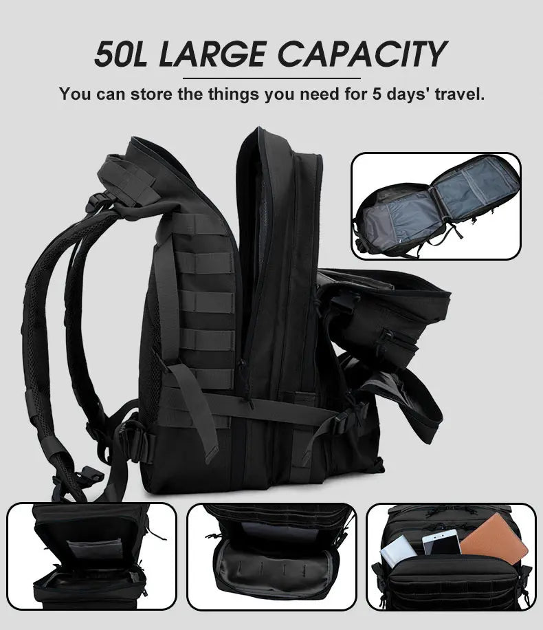 50L Tactical Backpack Men's Travel Large Capacity Rucksacks Men Waterproof Outdoor Sports Multi-functional Bags - Smarsty
