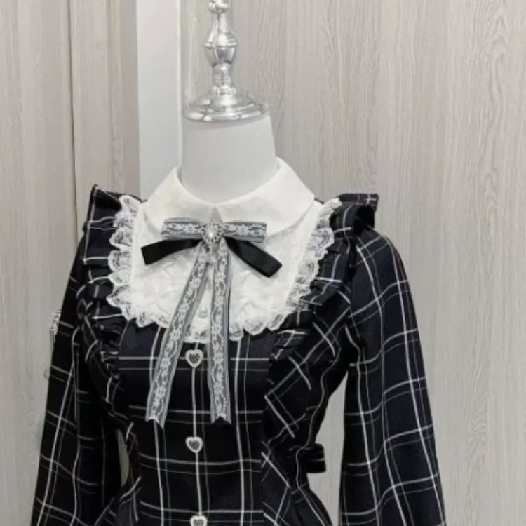 Harajuku Sweet Bow Black Plaid Dresses All-match Slim Fit Kawaii Lolita Dress for Women Autumn New Long Sleeve Vestidos De Mujer - Smarsty
