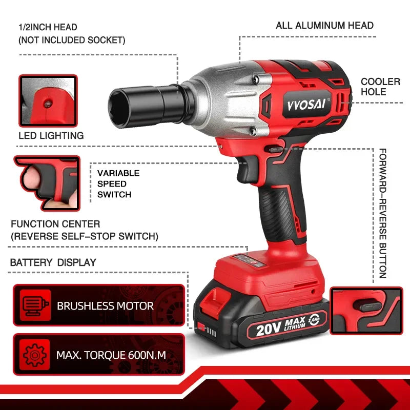 Cordless Electric Wrench 600N.m High Torque Power Tool - Smarsty
