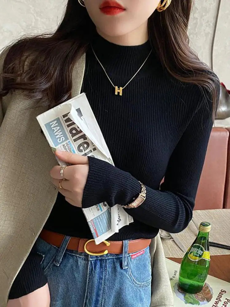 Autumn Winter Mock Neck Women Sweater Vintage Basic Solid Knitted Korean Tops Casual Slim Pullover Sweaters Simple Chic Jumpers - Smarsty