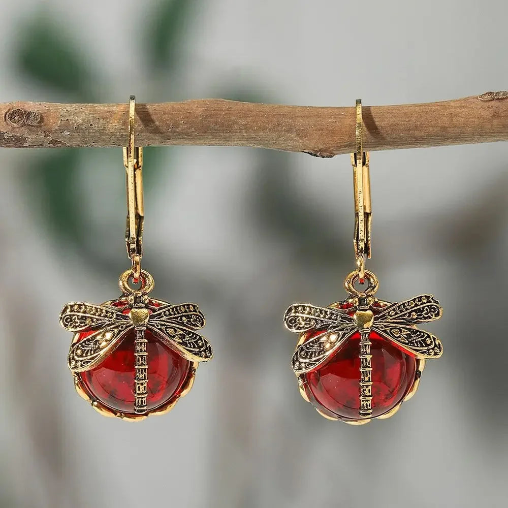 Vintage Dragonfly Drop Earrings with Moonstone Inlaid Design - Smarsty