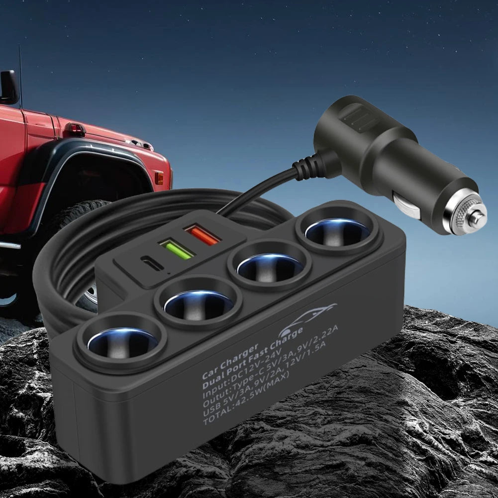 Fast Charger Plug QC3.0+PD 3.1A 12V-24V Phone Power Adapter 4-Socket 120W Car Cigarette Lighter Socket Splitter Plug 3 USB Ports