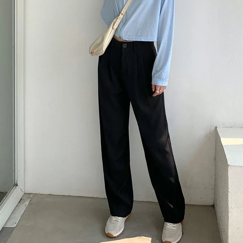 High Waist Women Suit Pants Fall Straight Office Ladies Korean Fashion Trousers Casual Button Loose Female Black Pants New 2024 - Smarsty