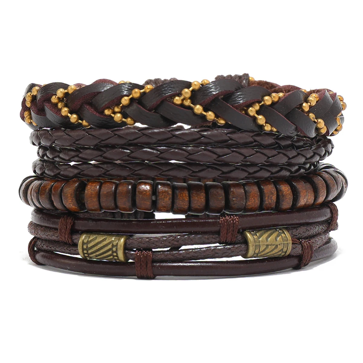 Vintage Leather Men Bracelet Woven Brown Wood Beads - Smarsty