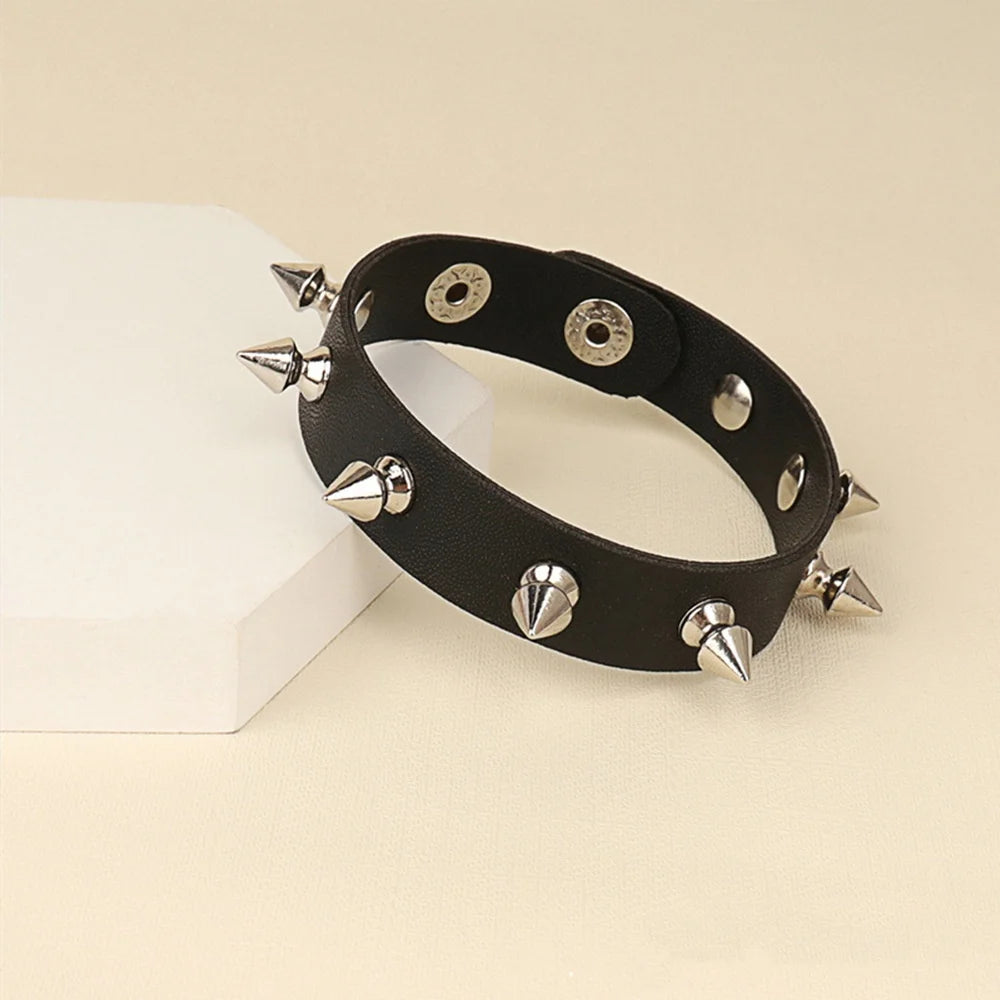 Black Goth Leather Bracelets Set with Spike Rivets - Smarsty