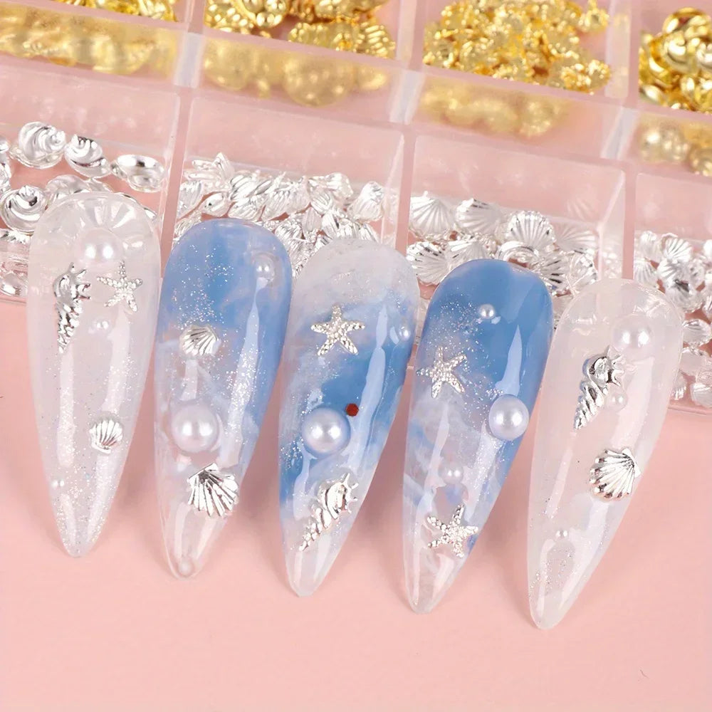 Metal Summer Ocean Nail Charms Set with Starfish and Shell - Smarsty