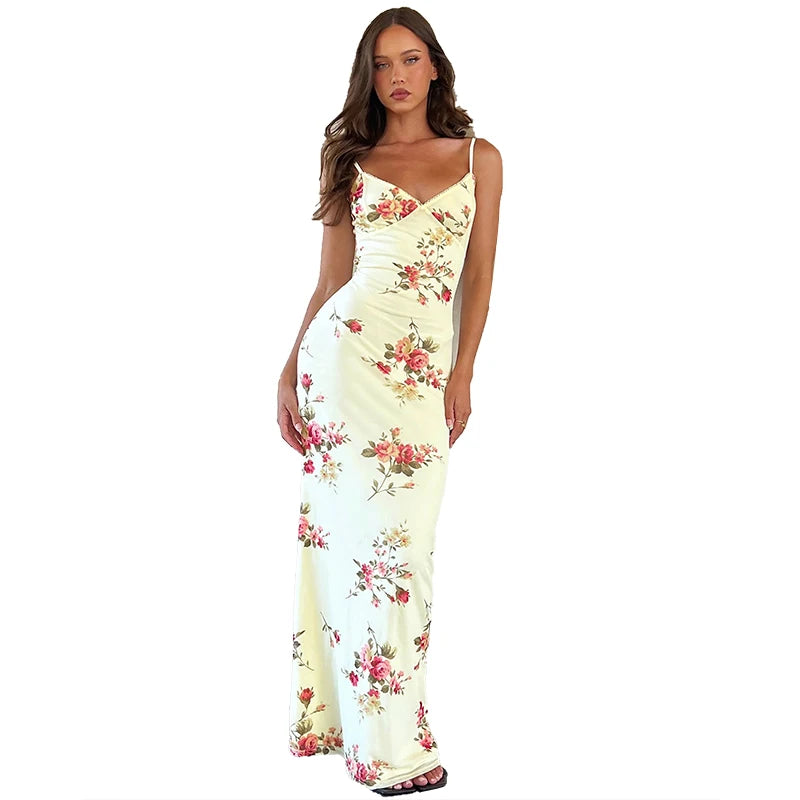 Dulzura Sexy Y2K Clothes Floral Print Sleeveless Backless Bodycon Maxi Dresses For Women 2023 Club Birthday Party Elegant Outfit - Smarsty