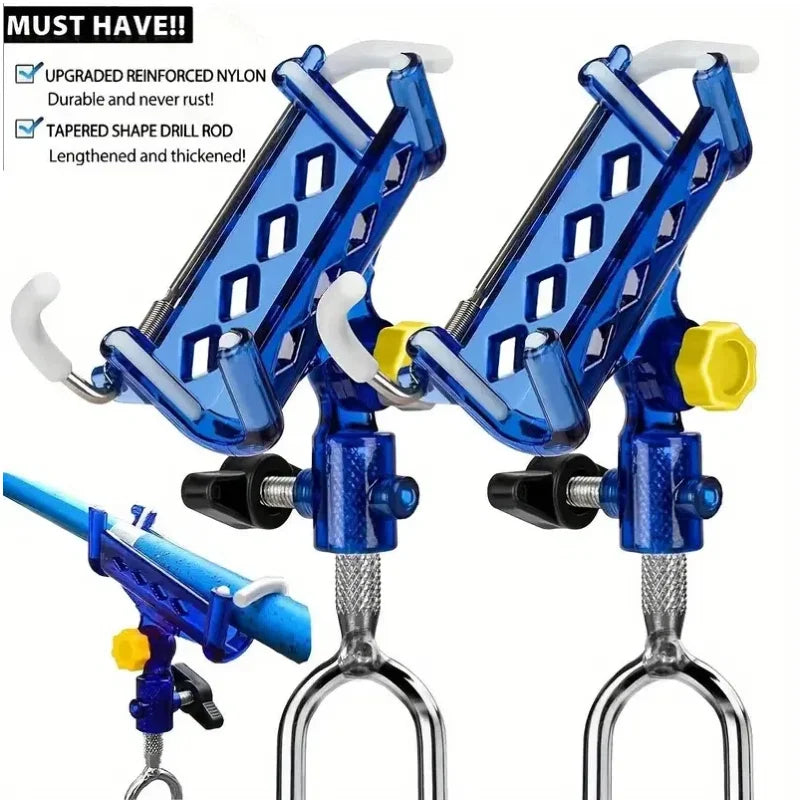 2-piece stainless steel fishing rod holder, 360° adjustable one-touch lock, reinforced nylon tip and tapered drill rod self-lock