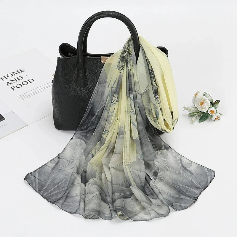 Lightweight Silk Lotus Print Scarf for Women Sun Protection - Smarsty