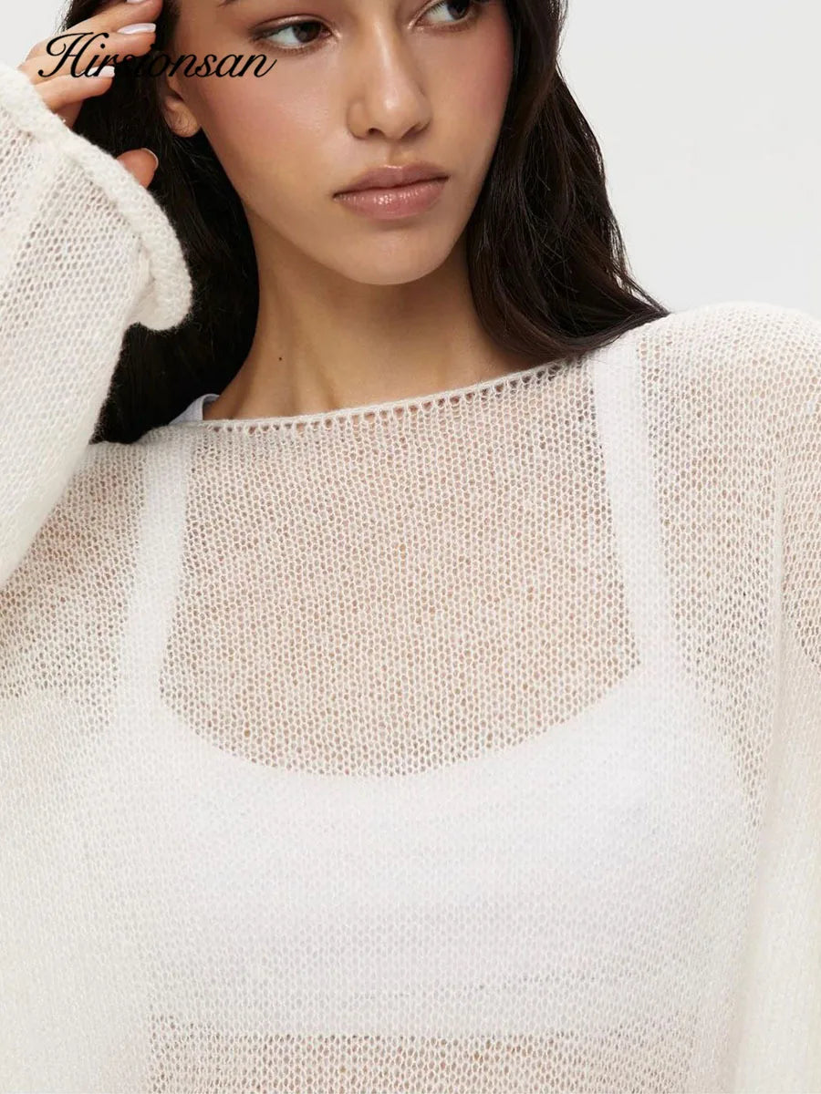 Hirsionsan Elegant Sweater Women 2024 Summer Autumn Casual Fashion Loose Women Pullovers Chic Pink White Jumper Sueter Mujer - Smarsty